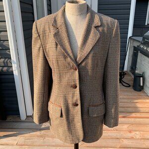 Vintage 70s Tweed Plaid Faux Suede Elbow Patch 3 Button Blazer Jacket